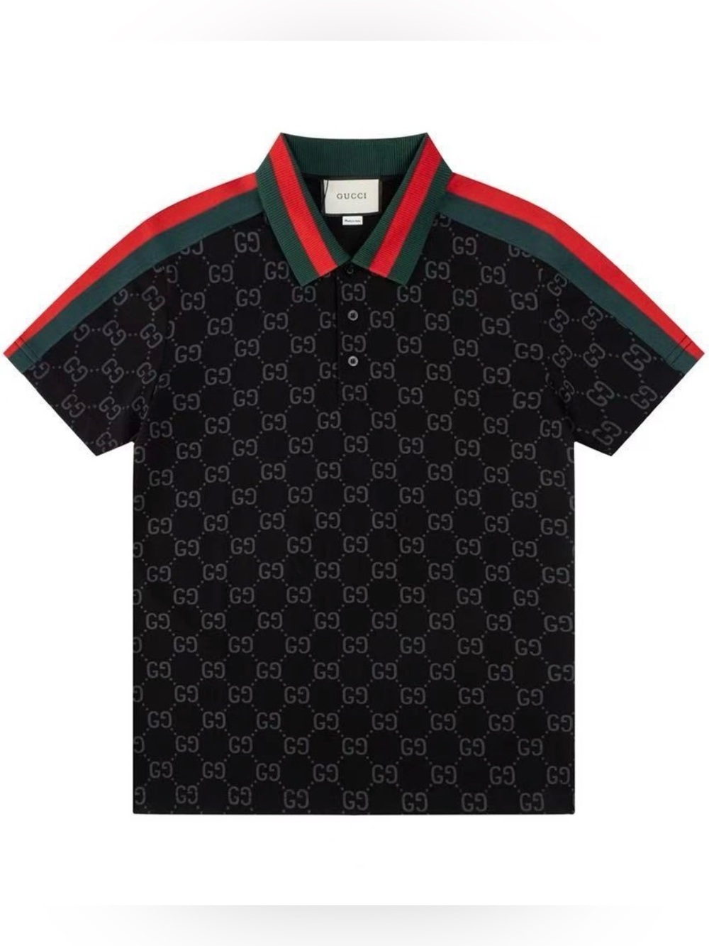 Gucci men Black GG Monogram Polo with Red & Green Trim